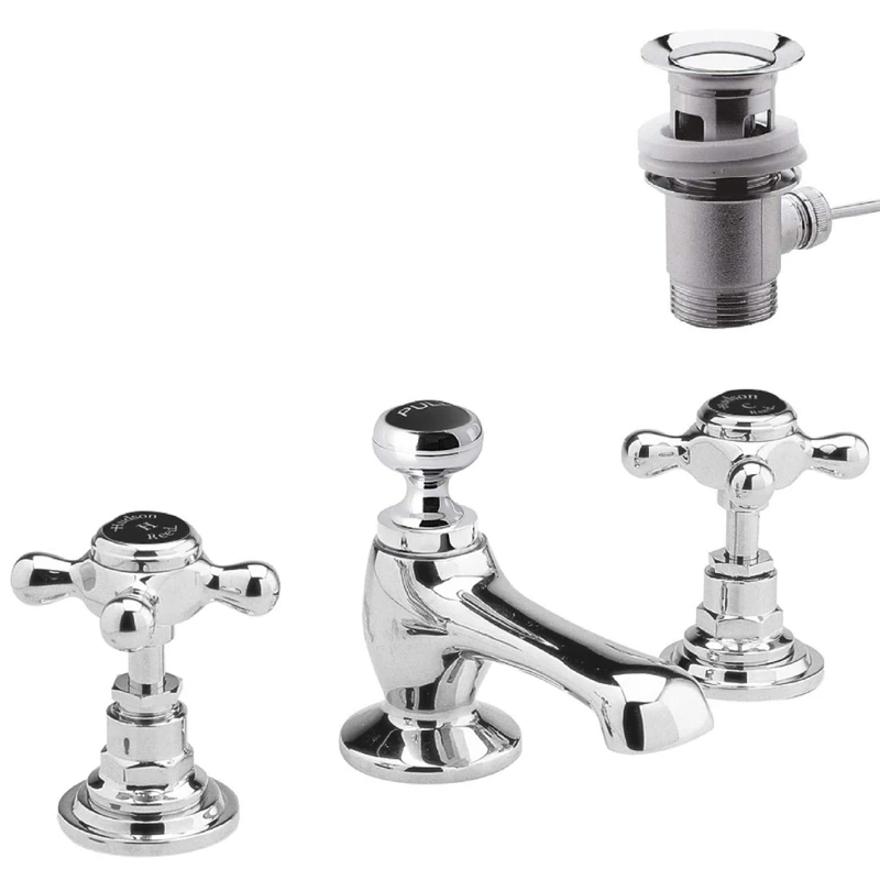 Hudson Reed Old London BC407HX Topaz | Traditional Bathroom 3 Hole Basin Mixer Taps with Crosshead Handles and Hexagonal Collars with Pop-Up Waste, 94mm x 246mm, Chrome/Black, 3TH