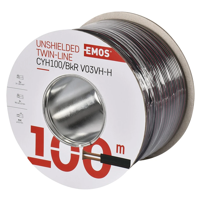 EMOS S8280 Copper Cable 2 x 1.0 mm² 100 m Pure Copper for Low Voltage Black with Polarity Markings - Image 1