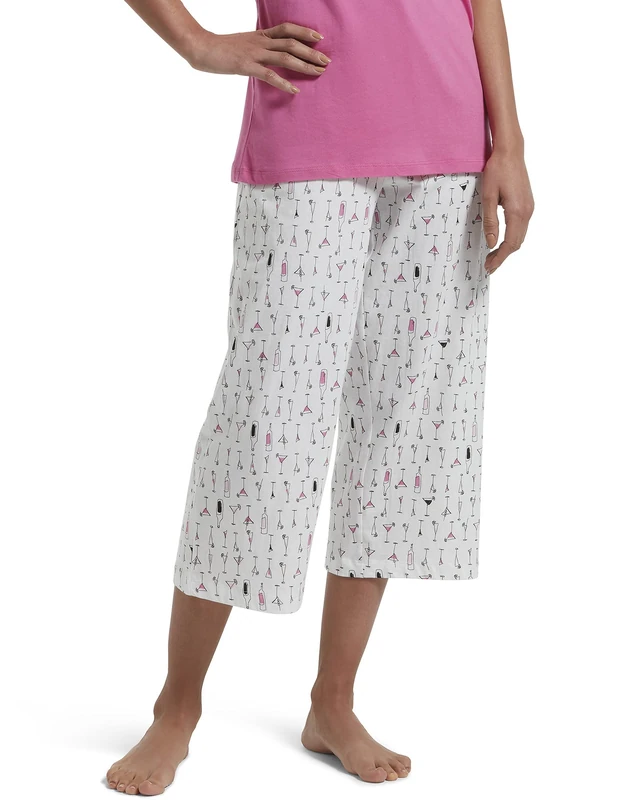 HUE Women's Printed Knit Capri Pajama Sleep Pant Pyjama Bottoms, White Dwink, XL