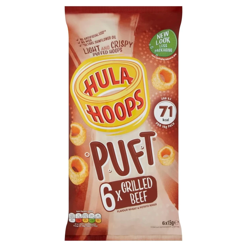 Hula Hoops PUFT - BEEF Multipack 6 x 15g Bags - Deliciously light and crispy puffed hula hoops - Completely free from artificial flavours, colours and MSG, Suitable for Vegetarians