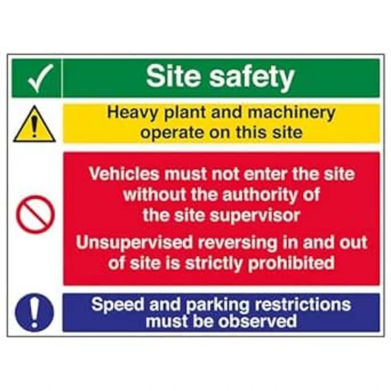 Vsafety Multi Hazard Site Safety Heavy Plant & Machinery Warning Sign - 800mm x 600mm - 2mm Rigid Plastic