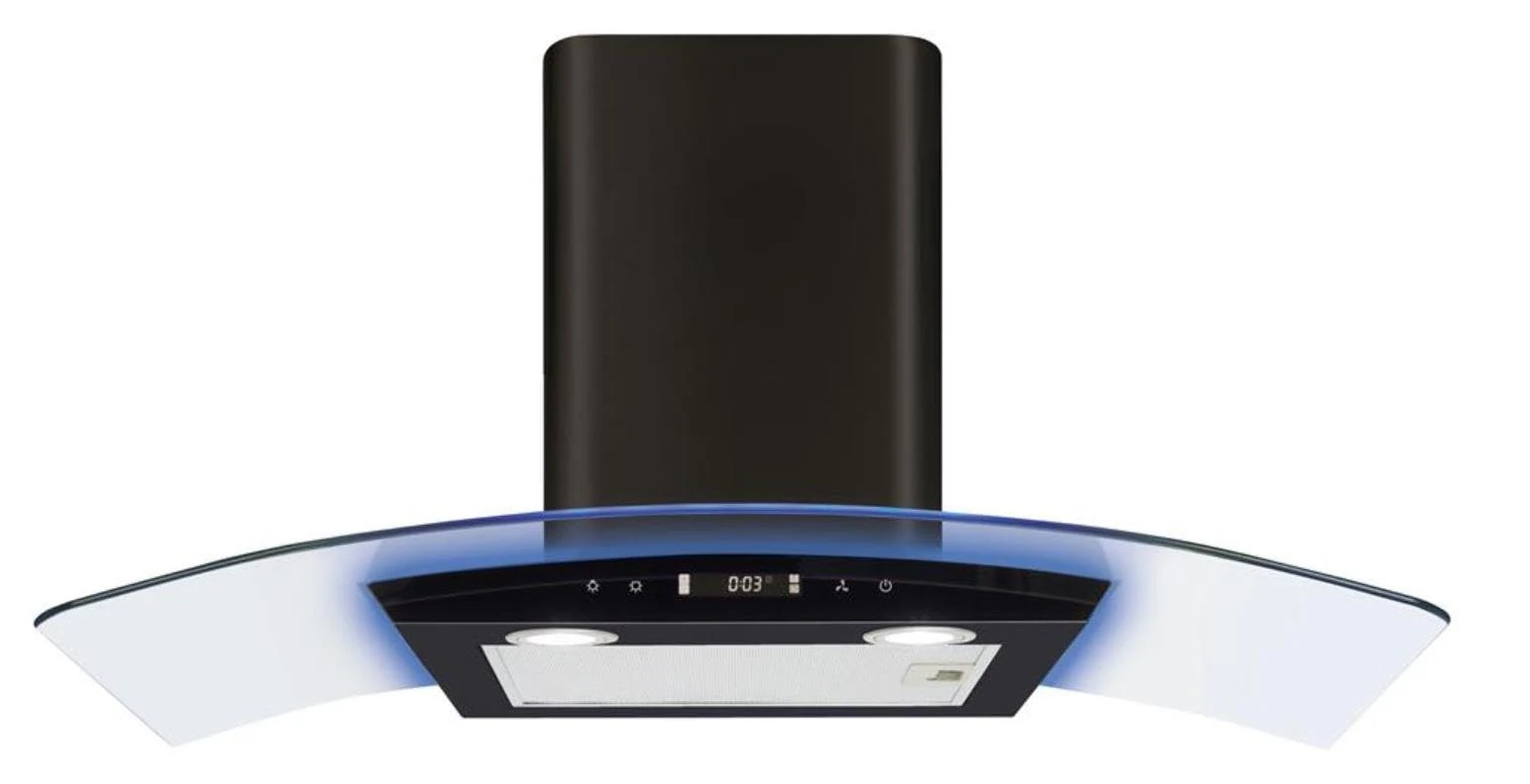 CDA 90cm Curved Glass Chimney Hood with LED Edge Lighting - Black