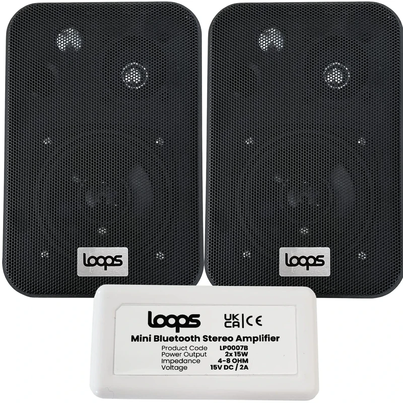 Loops LoopsDirect - 2x 70W 4” Black Wall Mounted Bluetooth Speaker System & Amplifier Kit – HiFi Active Amp – Stream Wireless Audio Quality Music Home System – Indoor Speakers