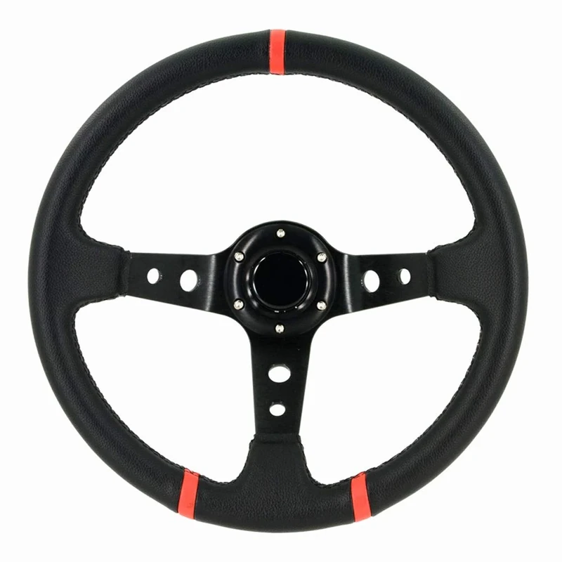 AutoStyle Universal steering wheel 'Deep-Dish' - Ø350mm - Black PVC-leather + Black spokes + Red Stripes