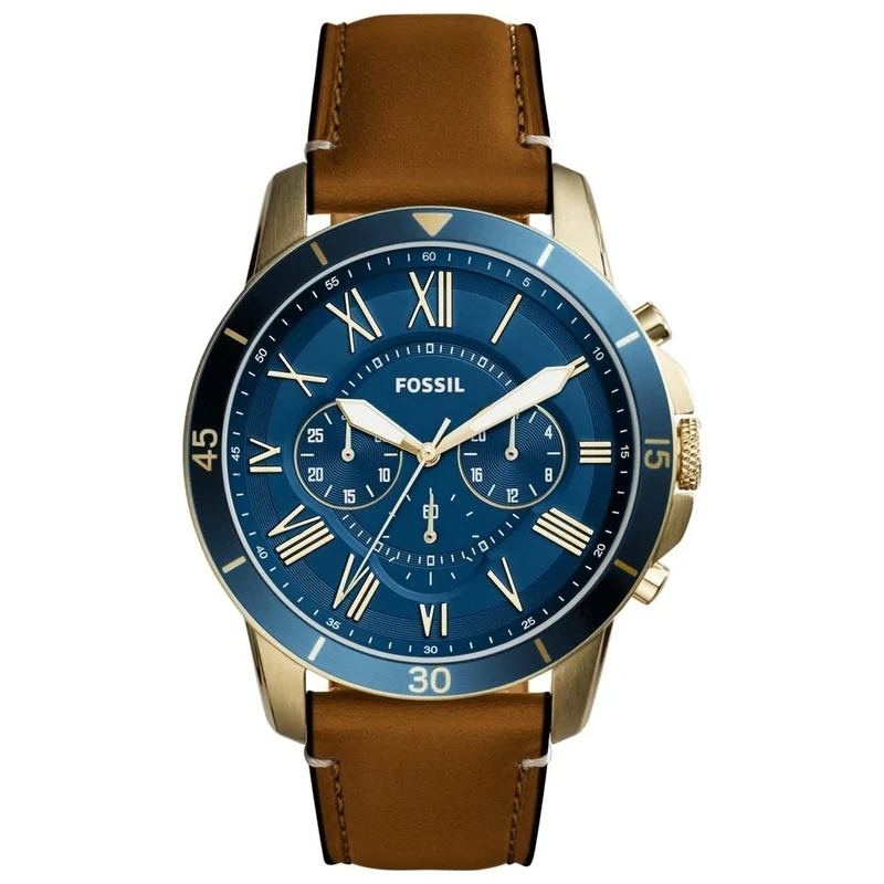 Fossil Watch for Men Grant, Quartz Chronograph Movement, 44 mm Gold Stainless Steel Case with a Leather Strap, FS5268