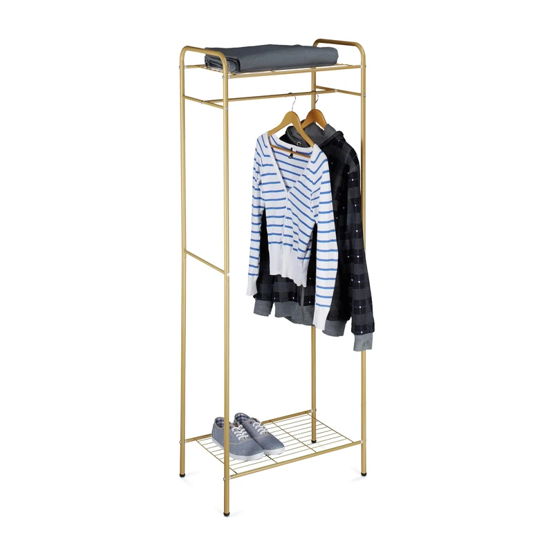 Relaxdays Clothes Stand with Shelves, SANDRA, Metal, Wardrobe Coat Rack with Clothes Rail, Shoe Rack for Boots, Size: 166 x 60.5 x 38 cm, Honey Brown
