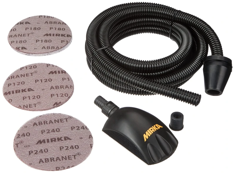 Mirka Roundy Kit Hand Block with dust Extraction Holes/Sanding Block with Hook & Loop incl. 4m Suction Hose & 15 Pieces Mirka Abranet net Sanding Discs with Hook & Loop Ø 150mm grit P120 P180 P240