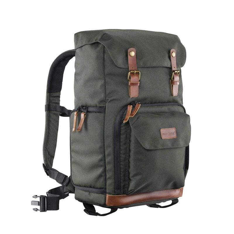 Mantona Luis Retro photo backpack with genuine leather applications, incl. rain cover, flexible organisation and laptop compartment, suitable for 1x DSLR camera,3x lenses and various photo accessories - Image 1