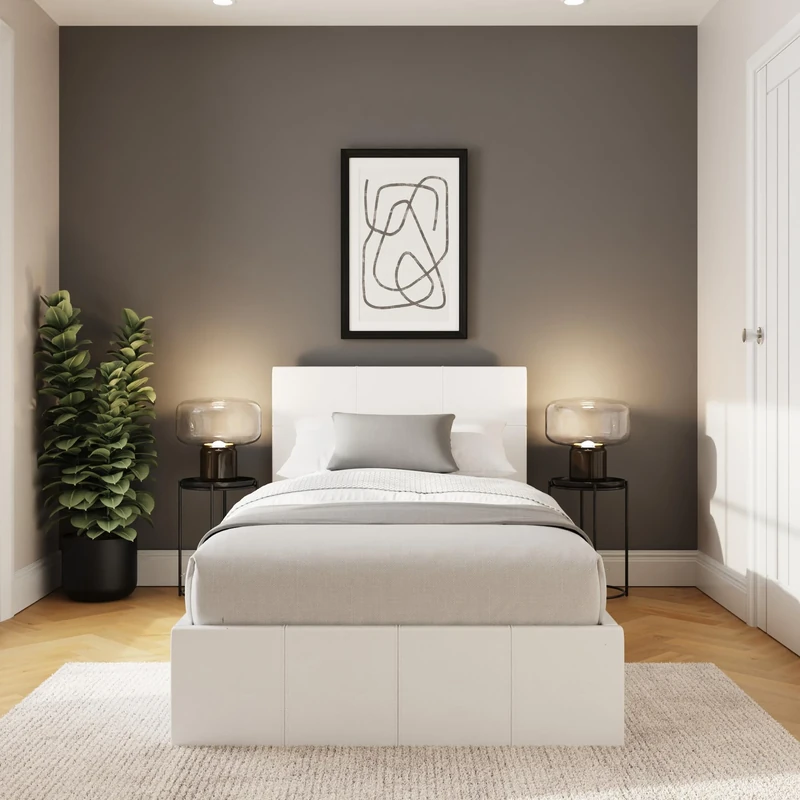 GFW Classic Leather Upholstered Ottoman Storage Bed With Gas End Lift & Under Bed Storage, Single, Faux Leather, White