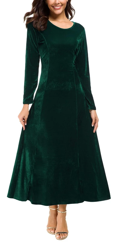 Urban CoCo Women's Elegant Long Sleeve Ruched Velvet Stretchy Long Dress - Green - Large