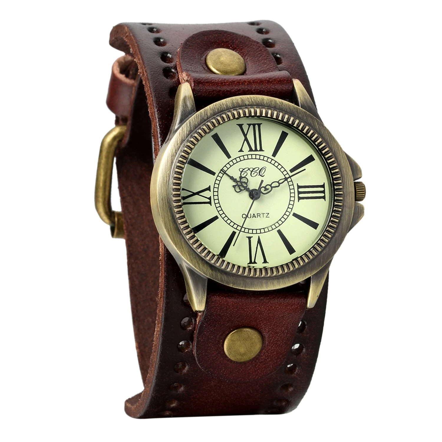 Avaner Leather Bracelet Watch, Retro Punk Cuff Watch, Roman Numerals Analog Quartz Wrist Watch for Men and Women