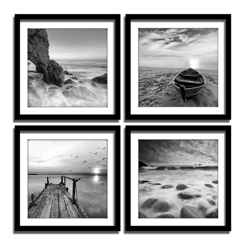 ENGLANT-4 Panels Set Framed Canvas Print for Seascape Beach and Boat Sunrise Scenery Black and White Giclee Canvas Print Wall Art Ready to Hang