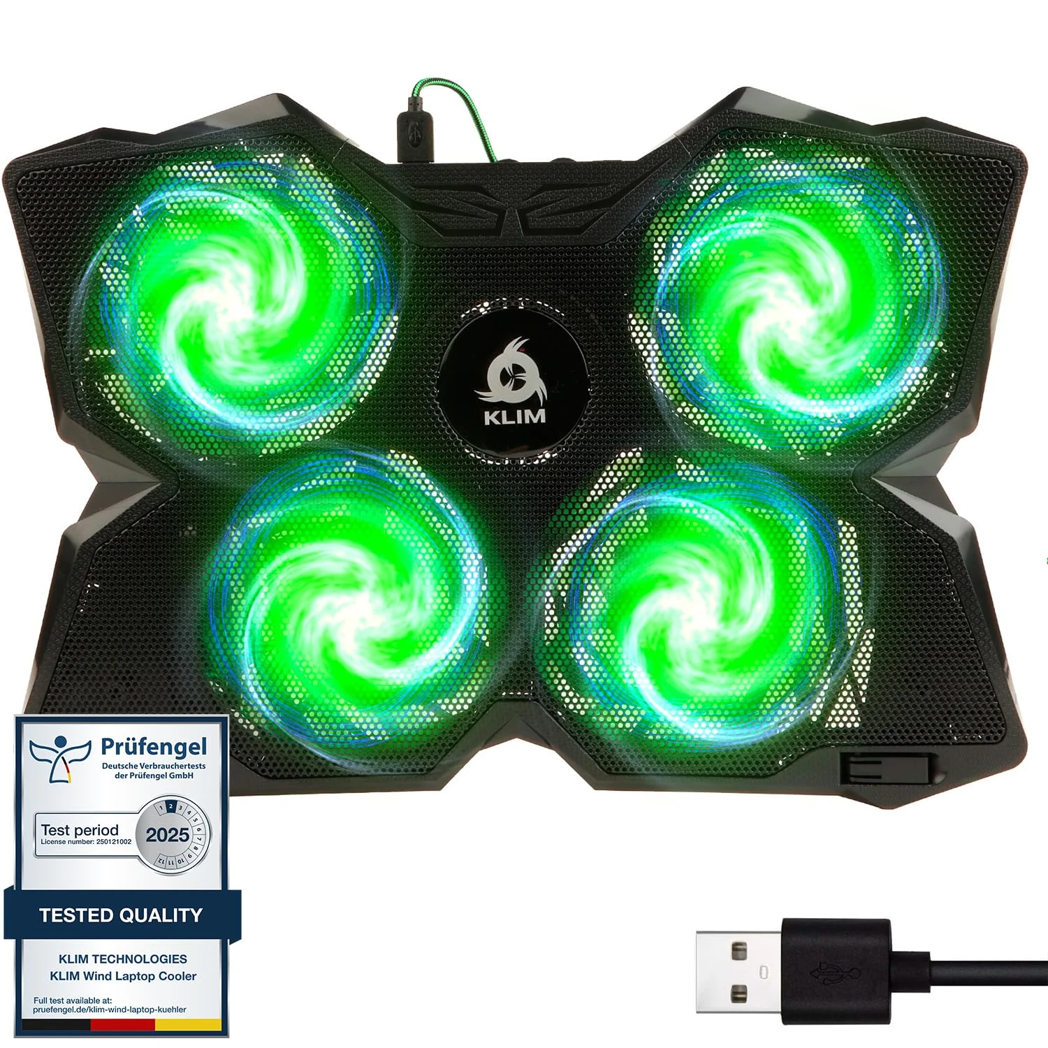 KLIM Wind Laptop Cooling Pad - More than 500 000 units sold - New Version - The Most Powerful Rapid Action Cooling Fan - Laptop Stand with 4 Cooling Fans at 1200 RPM - USB Fan - PS5 PS4 - Green