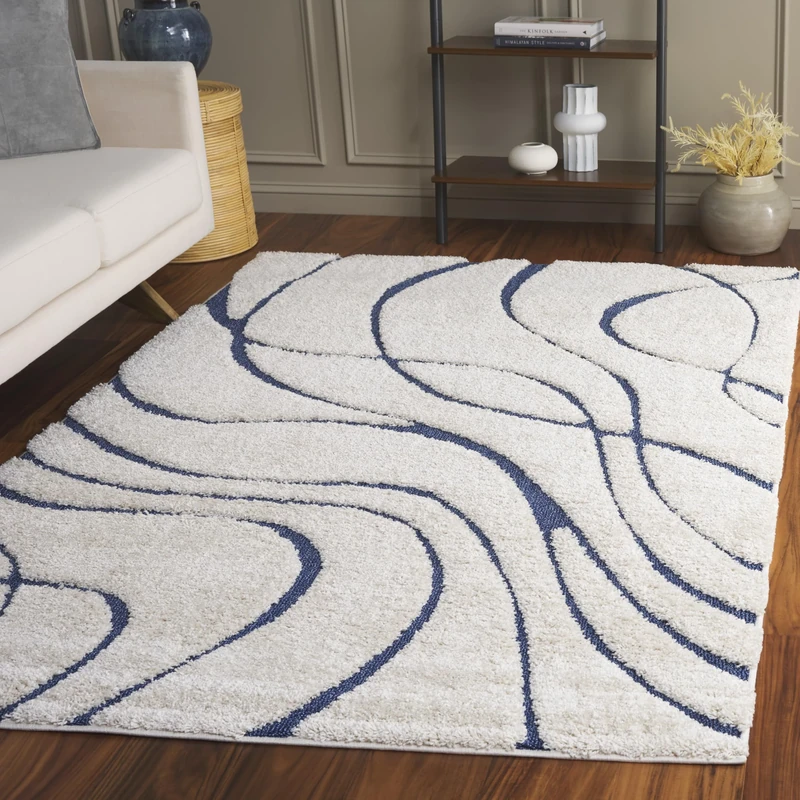 Safavieh Shaggy Indoor Woven Rectangle Area Rug, Florida Shag Collection, SG471, in Cream/Blue, 183 x 274 cm for Living Room, Bedroom or Any Indoor Space