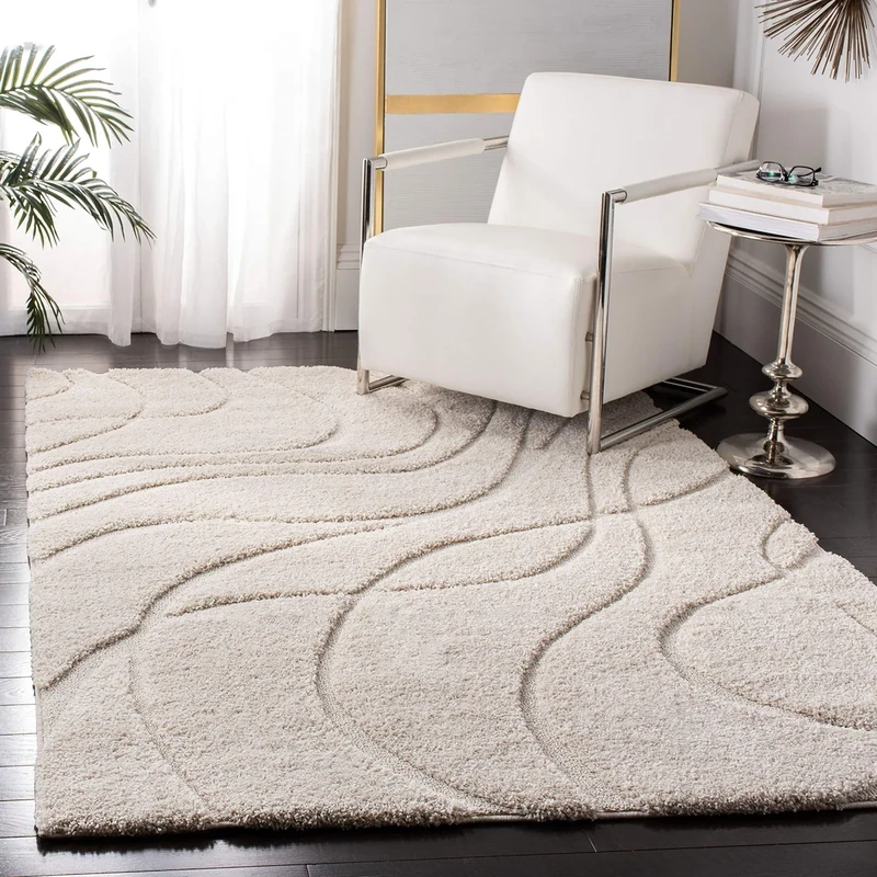 SAFAVIEH Shag Rug for Living Room, Dining Room, Bedroom - Florida Shag Collection, High Pile, in Cream, 91 X 152 cm