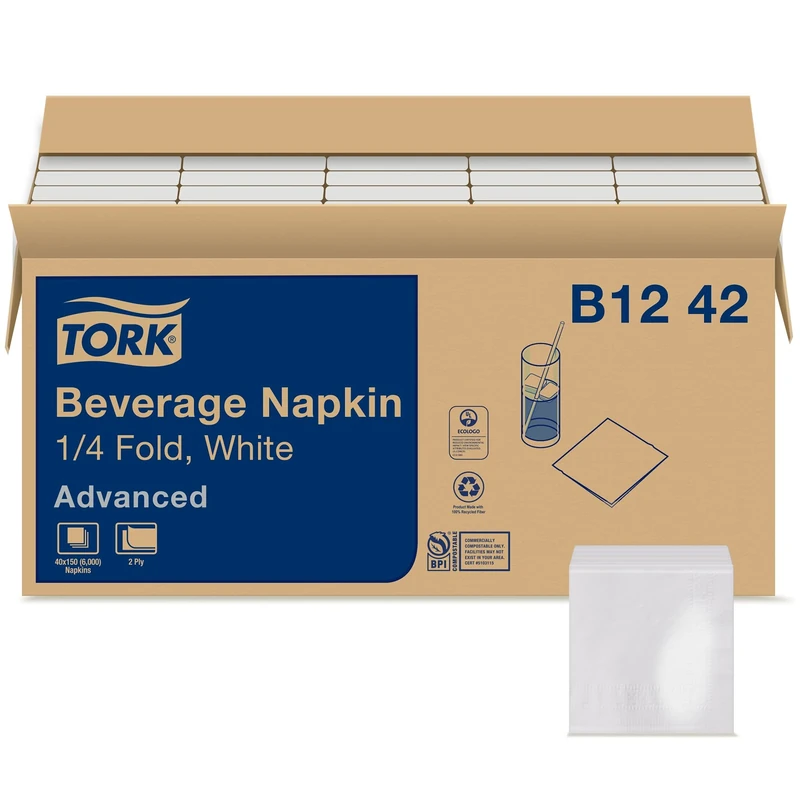 Tork Advanced B1242 Soft Beverage Napkin, Key Embossed, 2-Ply, 1/4 Fold, 9.25" Length x 9.25" Width, White (Case of 40 Packs, 150 per Pack, 6,000 Napkins)
