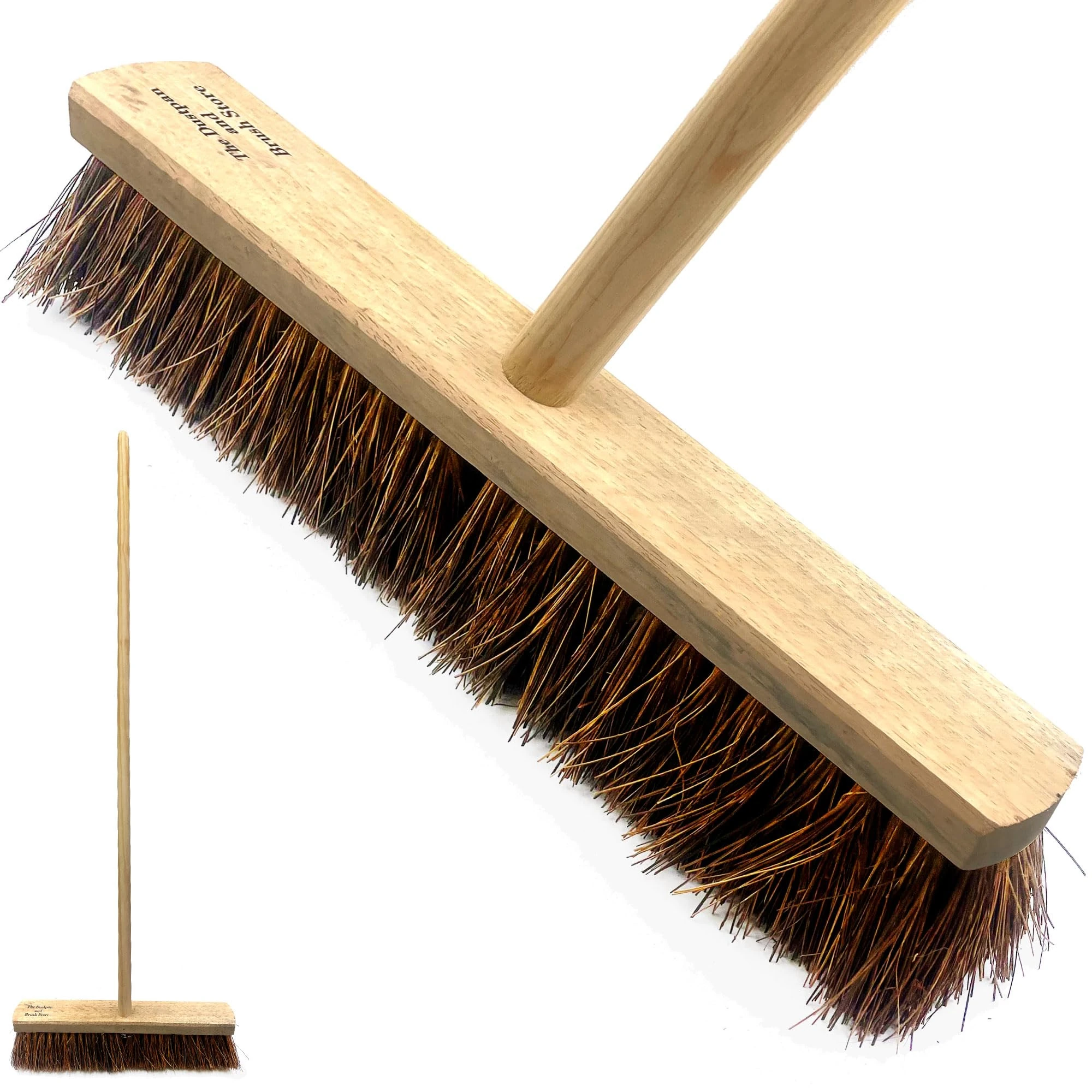 18” Stiff Outdoor Garden Broom Yard Brush with Natural Bassine Hard Bristle - Wooden Long Handled Brush for Garden, Decking, Pathways and Driveways - Perfect for Commercial and Industrial Cleaning