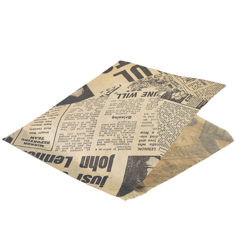 Genware Brown Greaseproof Newspaper Printed Presentation Bags 17.5cm - Pack of 1000 - Greaseproof Liner