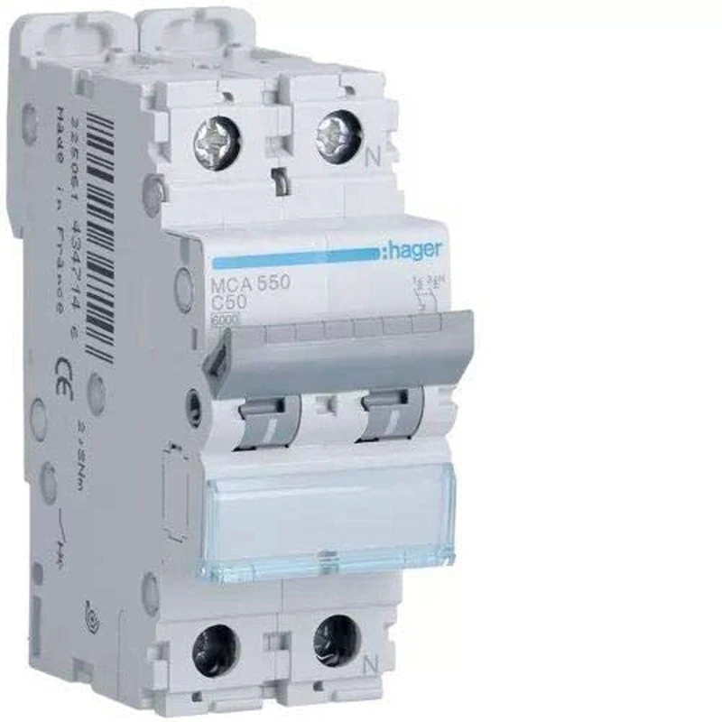 Hager M Series - Automatic Magnetothermic -M Curve-C 6KA 1 Pole+Neutral 50A