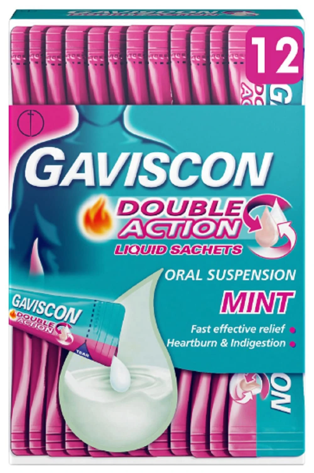 Gaviscon Double Action Mint Liquid Sachets, 12 Pack - Fast-Acting Heartburn, Indigestion, Acid, Stomach Pain Relief, Long-Lasting Antacid for Digestion and Nausea