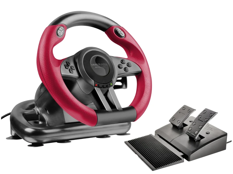 Speedlink TRAILBLAZER Racing Wheel - Gaming steering wheel for PS3/PS4, Xbox Series X/S/One, Nintendo Switch and PC, shift paddles and gear stick, adjustable pedals, black-red