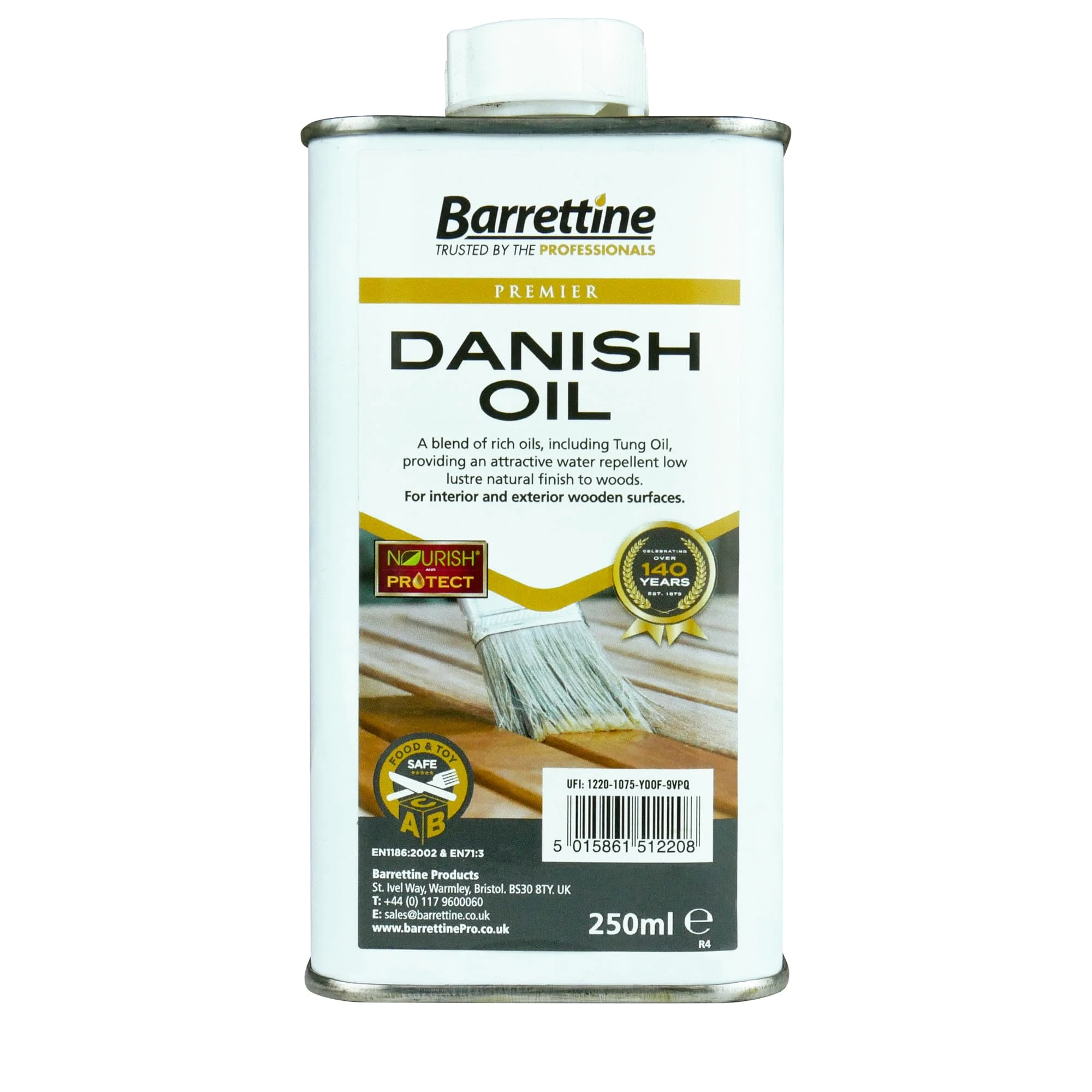 Barrettine Premier Danish Oil (250ml) - Water Repellent Danish Oil for Wood Turning, Scandinavian Furnishings, Door, Panelling & More | Enhances Natural Appearance of Wooden Surface