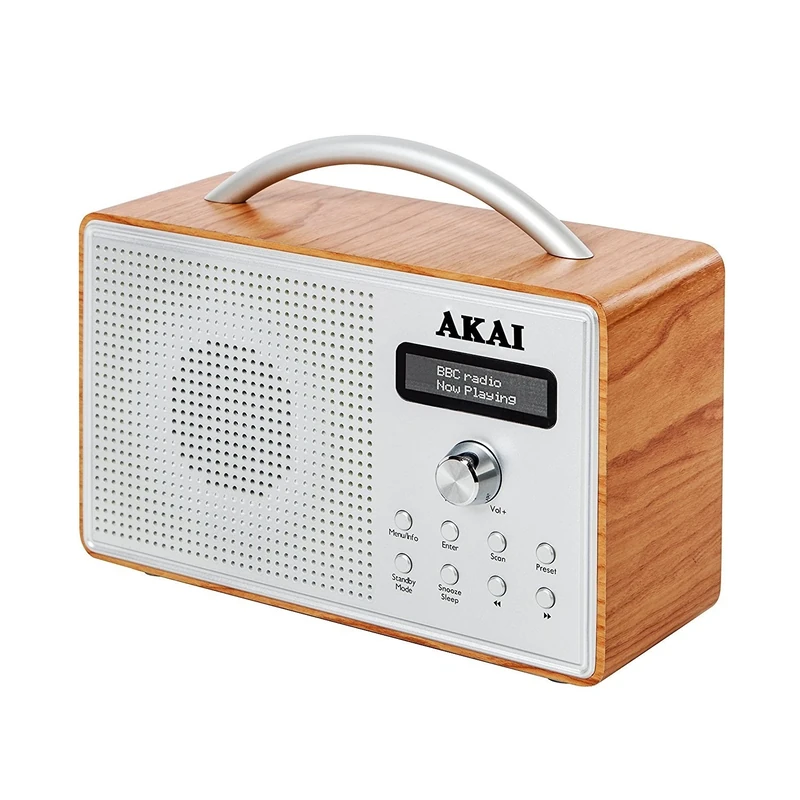 Akai Portable DAB Radio with LCD Screen, Crystal Clear Speaker, 2 Built-In Alarm Clock Settings with Sleep Timer Function, Wood Effect, Oak