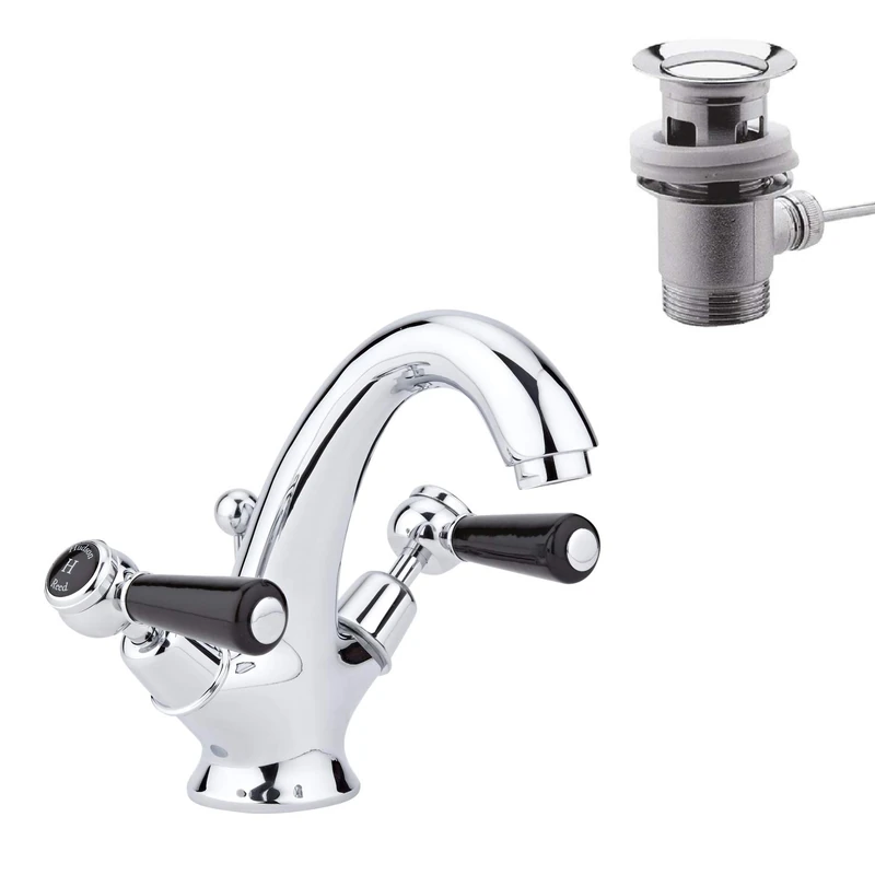 Old London BC405DL Topaz | Traditional Bathroom Mono Basin Mixer Tap with Lever Handles and Domed Collars with Pop-Up Waste, 176mm x 214mm, Chrome/Black
