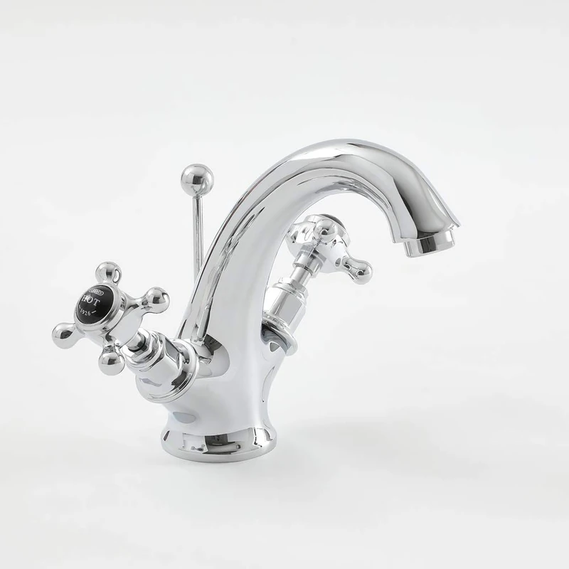 Hudson Reed Old London BC405HX Topaz | Traditional Bathroom Mono Basin Mixer Tap with Crosshead Handles and Hexagonal Collars with Pop-Up Waste, 172mm x 215mm, Chrome/Black