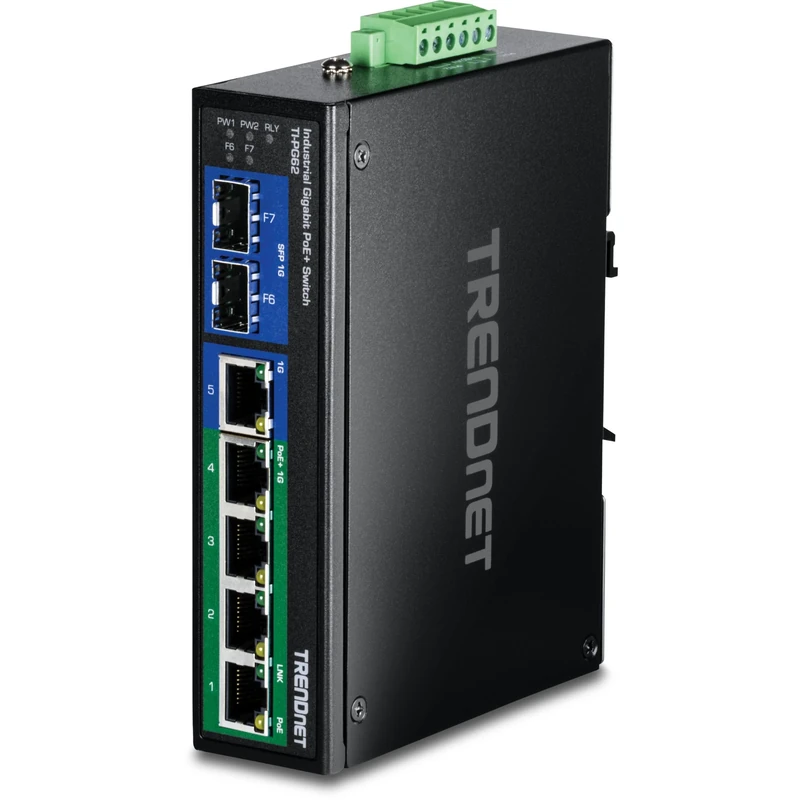TRENDnet TI-PG62 6-Port Hardened Industrial Gigabit PoE+ DIN-Rail Switch, 4 x Gigabit PoE+ Ports, 1 x Shared Gigabit Port (RJ-45/SFP), 1 x Dedicated SFP, 120 W Power Budget