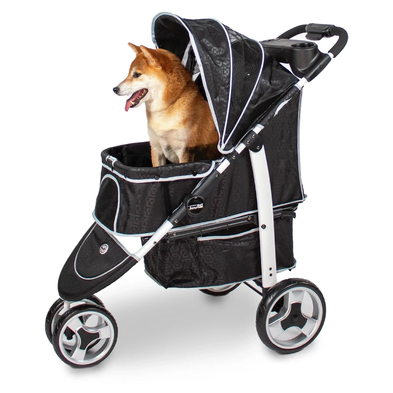 InnoPet Monaco Dog & Cat Stroller Black - Pet Pram with Rain Cover, Carries up to 35kg, One-Hand Fold, Convertible Storage Basket, 360° Swivel Front Wheel, Dual-Sided Cushion