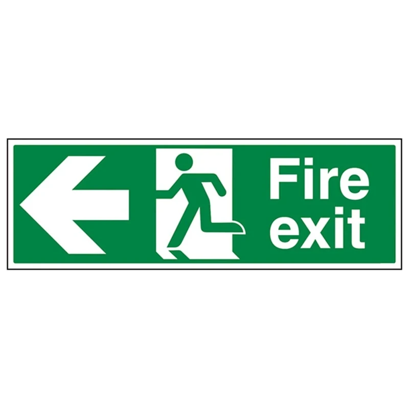 V Safety Fire Exit Arrow Left Sign - Landscape - 600mm x 200mm - 1mm Rigid Plastic, Green
