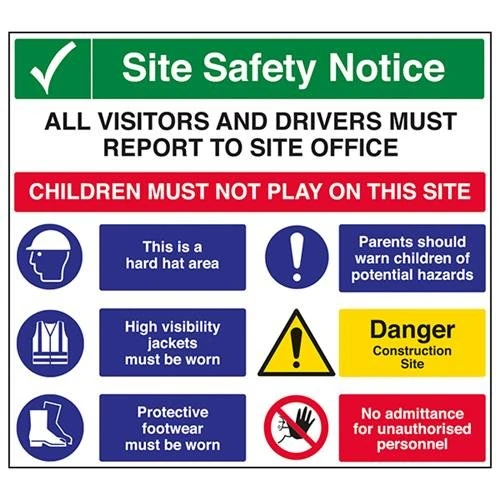 Vsafety Site Safety Visitors Notice Warning Sign - 775mm x 700mm - 2mm Rigid Plastic
