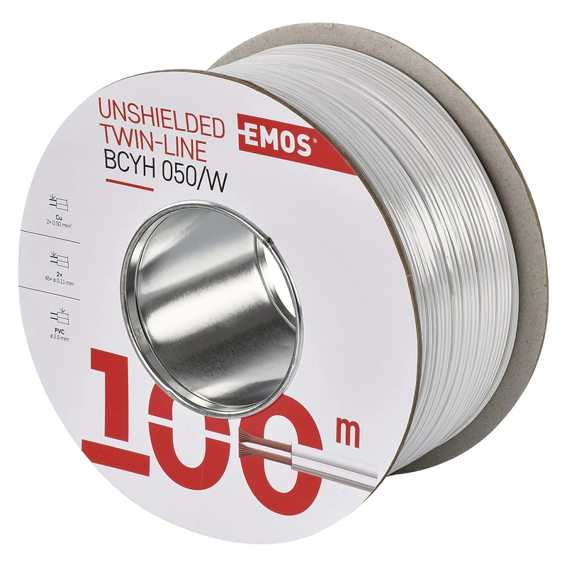 EMOS S8251 Copper Cable 2 x 0.5 mm², 100 Metres Pure Copper for Low Voltage, White with Polarity Marked - Image 1