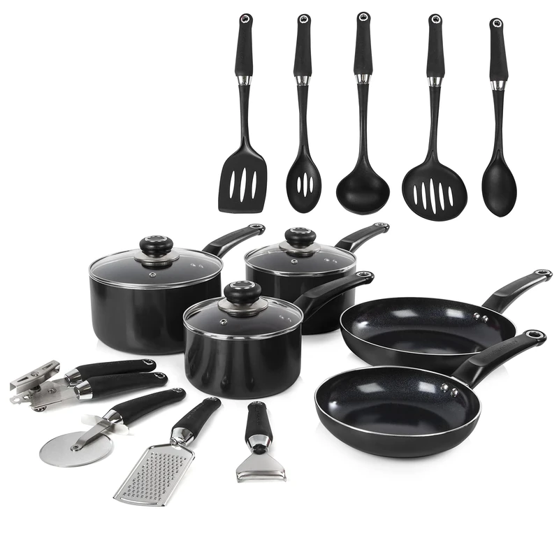 Morphy Richards 970040 Equip 14 Piece Cookware Set, 16 cm/18 cm/20 cm Saucepans & 20 cm/26 cm Frying Pans & 9 Utensils, Aluminium, Black