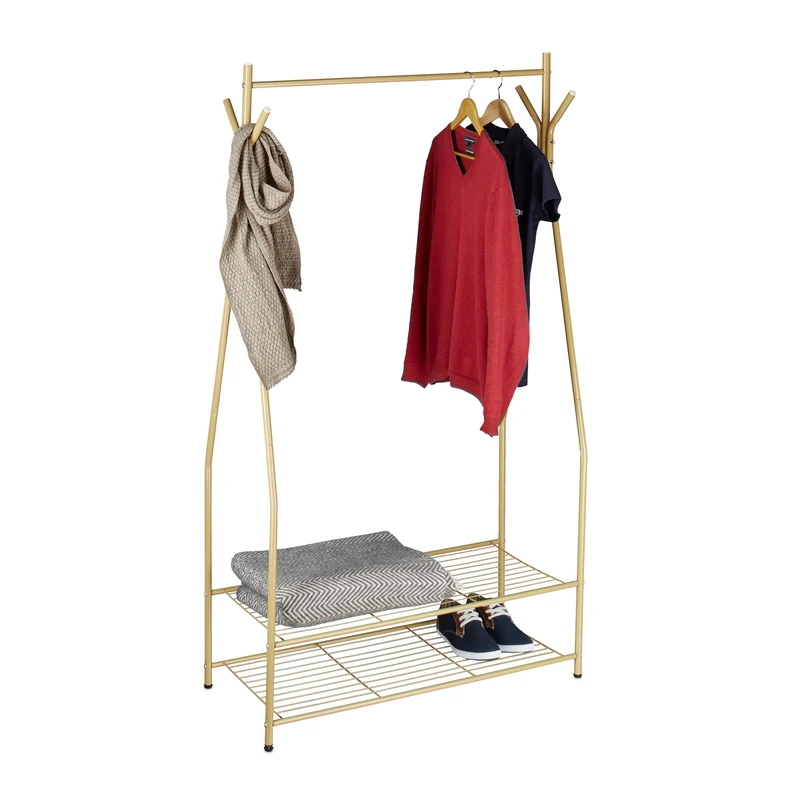 Relaxdays Coat Rack with Shoe Storage SANDRA, Metal, Wide, Clothes Rail, 2 Shelves, HxWxD: 162 x 90 x 40 cm, Brown