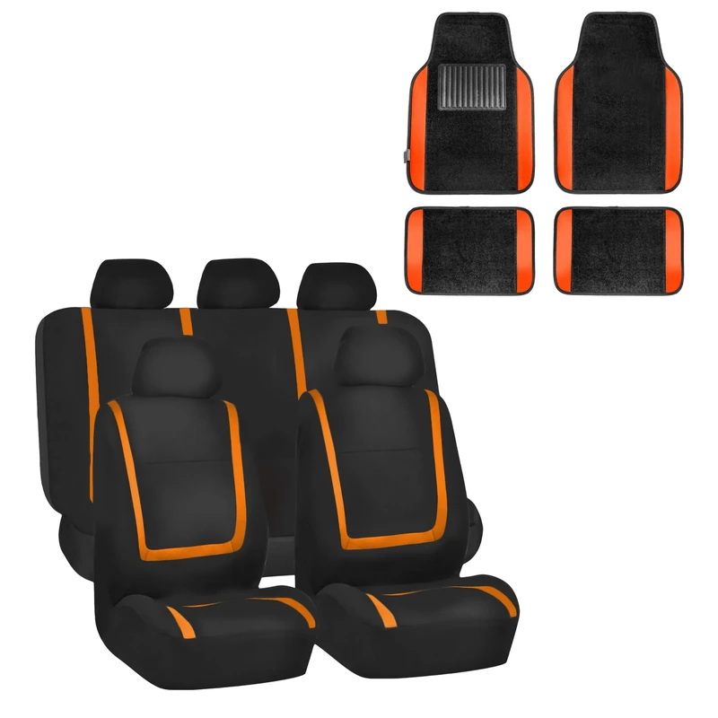 FH GROUP FH-FB032115 Unique Flat Cloth Seat Covers with F14407 Premium Carpet Floor Mats, Orange/Black Color- Fit Most Car, Truck, Suv, or Van
