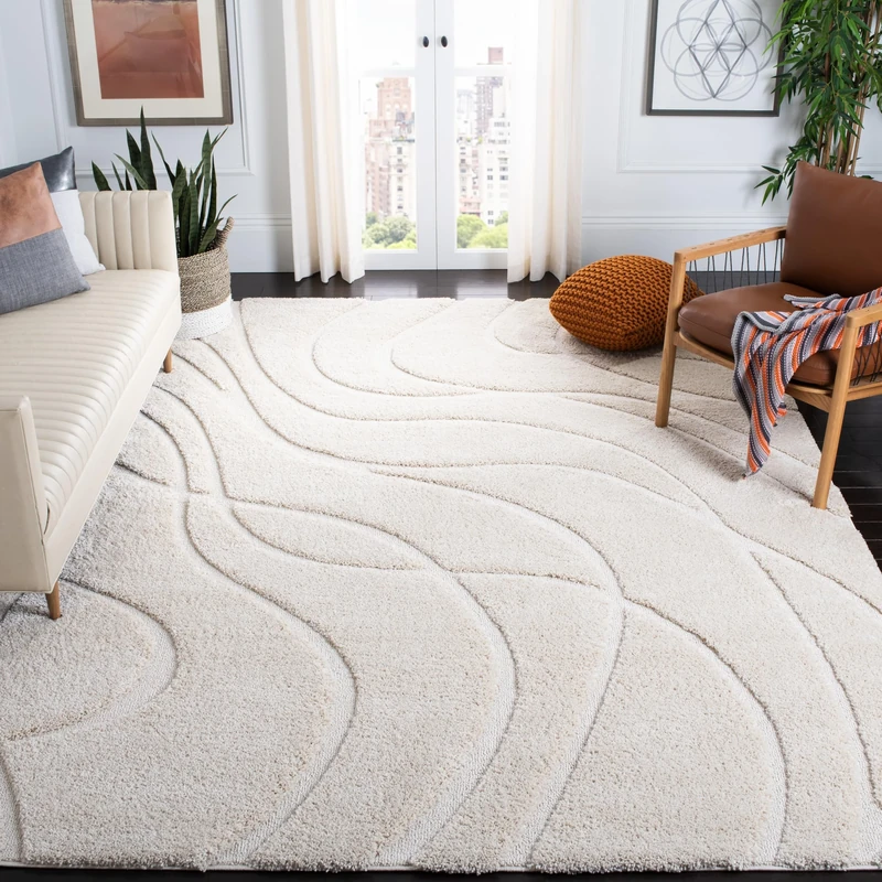 SAFAVIEH Shag Rug for Living Room, Dining Room, Bedroom - Florida Shag Collection, High Pile, in Cream, 244 X 305 cm