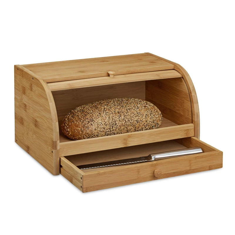 Relaxdays Rolling Bread Box with Drawer, Bamboo, Aroma-Preserving, Bread Bin with Rolling Lid, Size: 21 x 40 x 28 cm, Wood, Natural