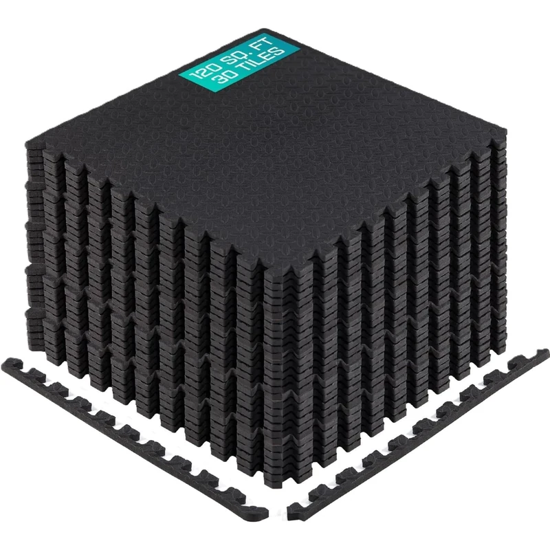 Yes4All XPAJ Interlocking Exercise EVA Mat Floor Protector (120 Square Feet - Black - with Border)