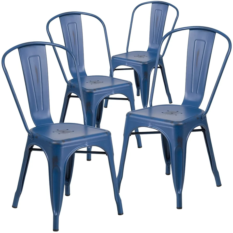 Flash Furniture Blake Commercial Grade 4 Pack Distressed Antique Blue Metal Indoor-Outdoor Stackable Chair