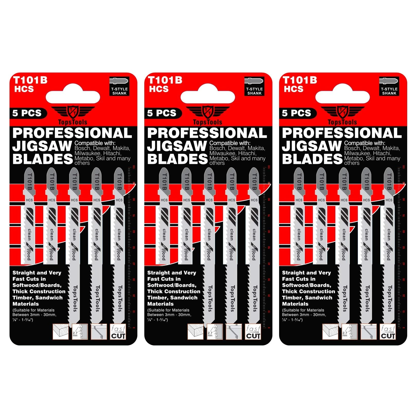 15 x TopsTools T101B 100mm Jigsaw Blades Designed for Clean Cuts in Wood