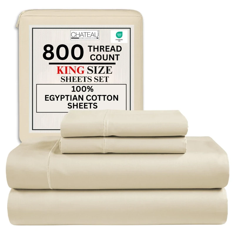 CHATEAU HOME COLLECTION - 800 Thread Count Egyptian Cotton Sheet Set with Deep Pocket Satin, Cotton, Ivory, King