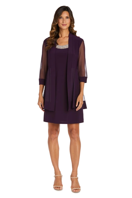 R&M Richards Women's 2 Piece Mesh Panel Beaded Neck Jacket Dress, Plum, 10 UK