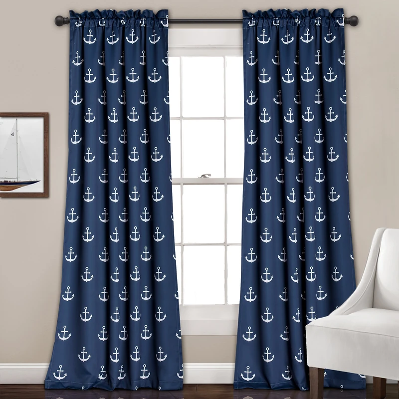 Lush Decor Darkening Window Curtain Set, Navy Anchor Print, 52" W x 84" L - Image 1