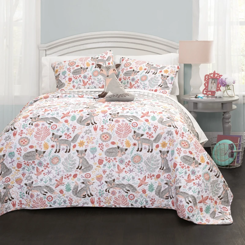 Lush Decor Quilt Reversible 3 Piece Bedding Set, Polyester, Gray & Pink, Twin