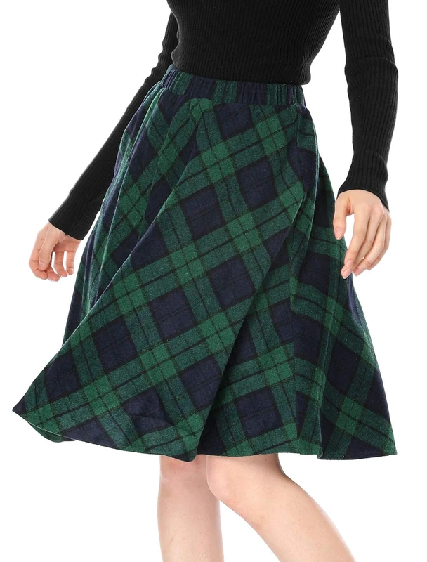 Allegra K Women's Elastic Waist Flared Knee Length A Line Plaid Skirt Green XL