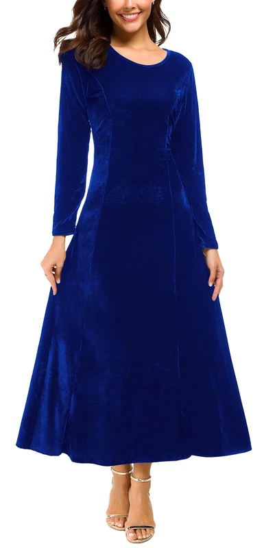 Urban CoCo Women's Elegant Long Sleeve Ruched Velvet Stretchy Long Dress - Blue - X-Large