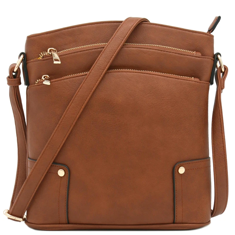 ALYSSA Triple Zip Pocket Large Crossbody Bag, Brown, One Size - Image 1