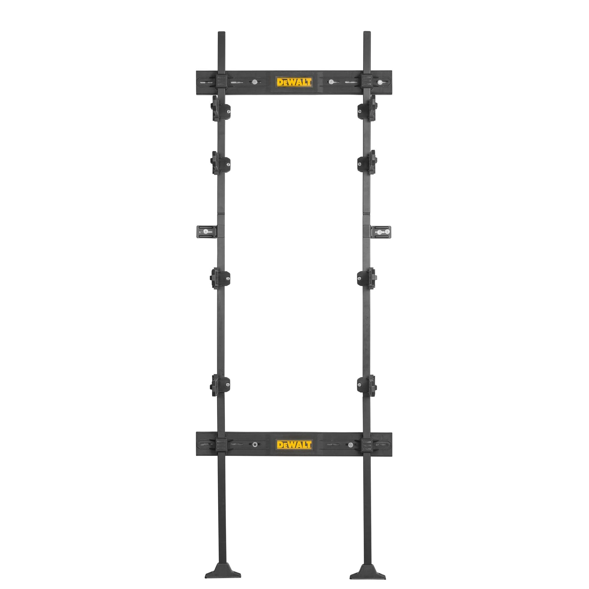 Modular DeWalt racking system fits all ToughSystem boxes, supports up to 200kg, and offers easy self-assembly for customizable workshop storage.